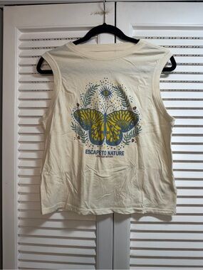 Spiritual Gangster Cream Tank Top with Blue & Yellow Butterfly Graphic